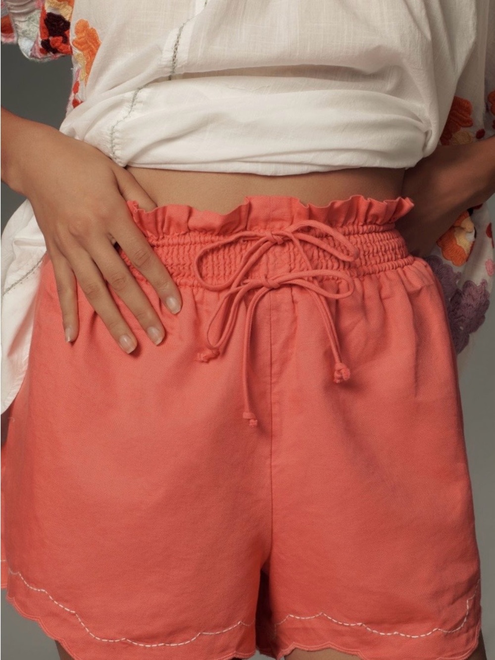 Anthropologie linen double waistband coral shorts XL